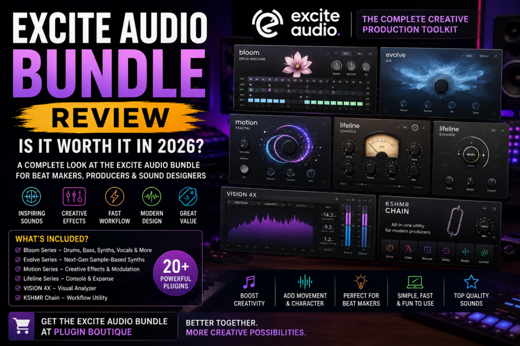 Modern music producer using Excite Audio plugins including Bloom instruments, Evolve synthesizers, and creative effects in a professional home studio setup.