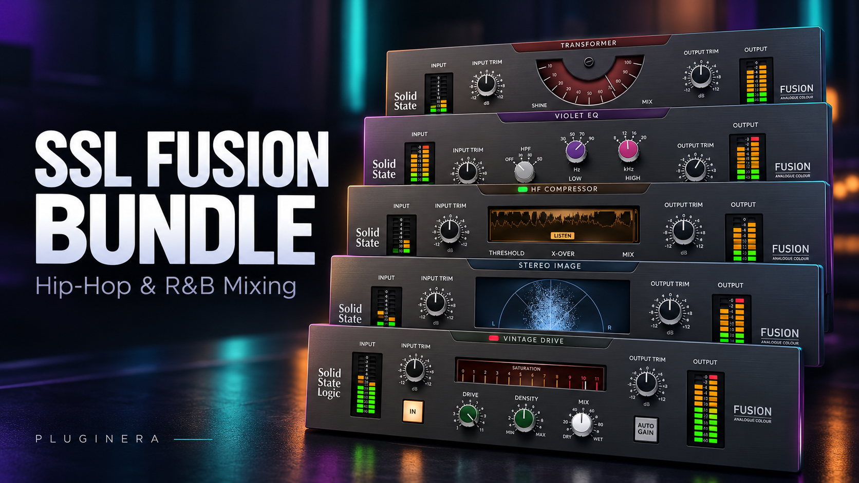 SSL Fusion Bundle featuring five mixing plugins for Hip-Hop and R&B production.